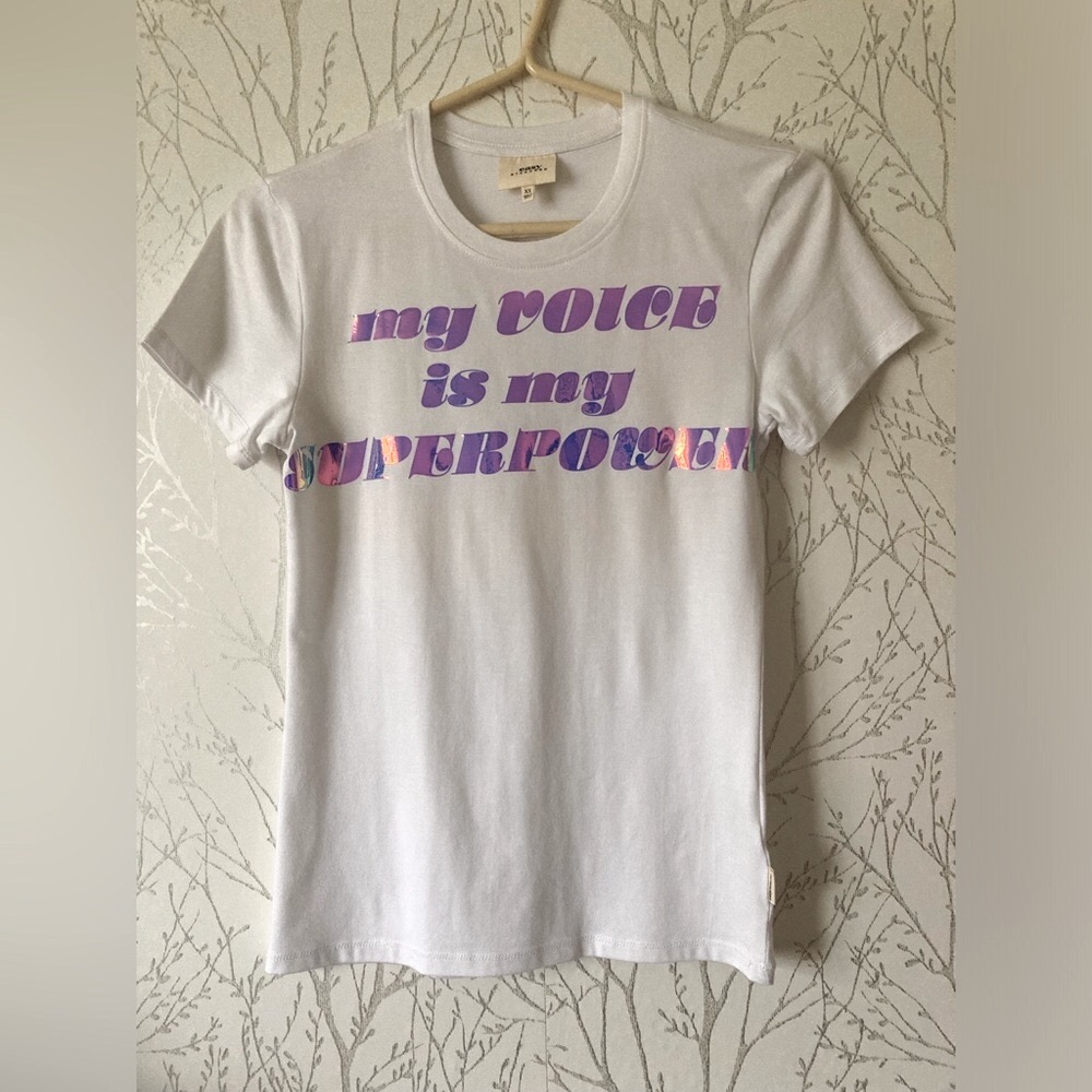 New Easy Standard Women’s “My Voice Is My Superpower” Retro Holographic Tee